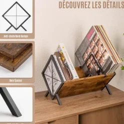 Vinyl Opbevaringshylde, 80 Vinyl Stande, 1-Tier Vinylplade med Justerbar Opdeler, Organizer til Album, Magasiner, Bøger og Mapper – Brun