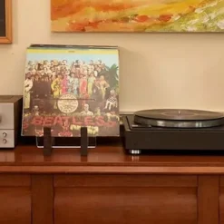 Vinyl pladeskab med stor kapacitet, akryl ende-display stativ, træ LP vinyl plade desktop stativ