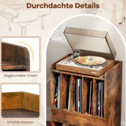 Vinylpladespillerbord med opbevaring, skuffe, hjul, brun