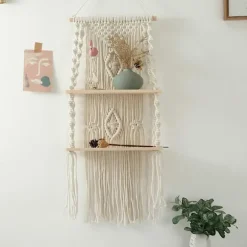 2X Håndlavet kvast Macrame væghængende hylde Boho bomuldsreb vævet gobelin planteophæng flydende hylde