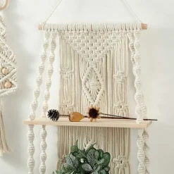 2X Håndlavet kvast Macrame væghængende hylde Boho bomuldsreb vævet gobelin planteophæng flydende hylde