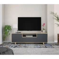 ZAIRA tv-skab - antracit og eg melamin - 3 døre - L150 x D41 x H46 cm Kanadensisk ek och anthrgrå.